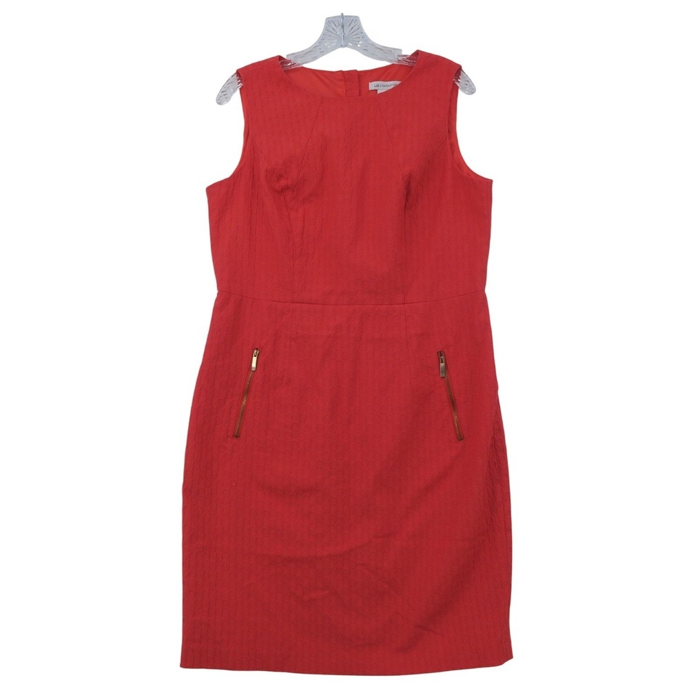 Liz Claiborne Red Jacquard Sleeveless Sheath Dress Gold Zip Pockets Size 14